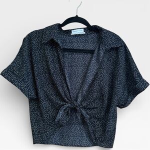 Urban Outfitters Black and White Notched Collar Tie Front Crop Blouse